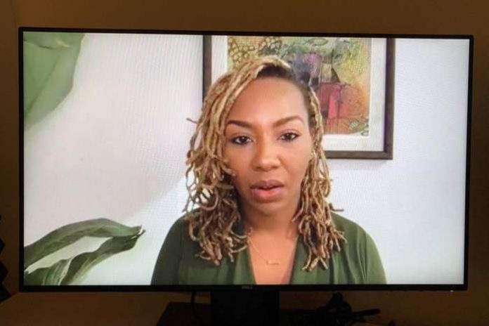 Black Lives Matter co-founder, Opal Tometi, speaks from Los Angeles during an interview on Zoom with Reuters in Lagos, Nigeria December 9, 2020. REUTERS-Libby George