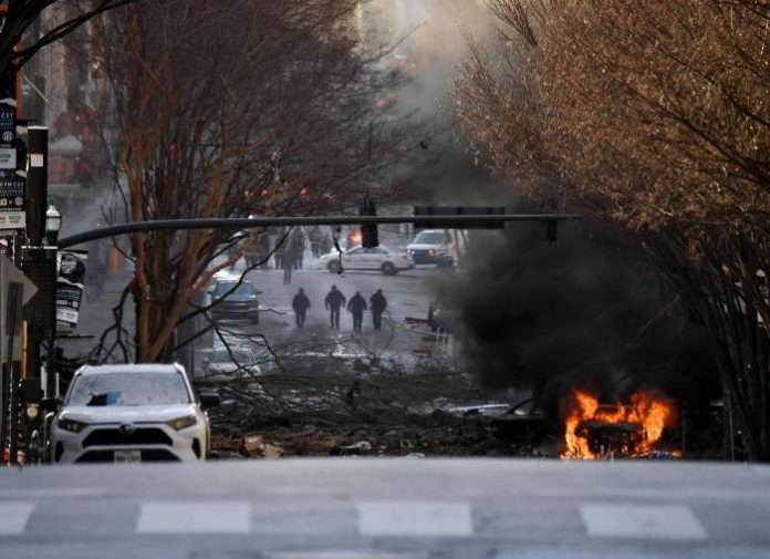 A vehicle burns near the site of an explosion in the area of Second and Commerce in Nashville, Tennessee, U.S. December 25, 2020. Andrew Nelles-Tennessean.com-USA TODAY NETWORK via REUTERS A vehicle burns near the site of an explosion in the area of Second and Commerce in Nashville, Tennessee, U.S. December 25, 2020. Andrew Nelles-Tennessean.com-USA TODAY NETWORK via REUTERS