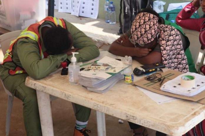 INEC officials sleeping at polling unit 014, Isele in Ikorodu as voters shun poll.