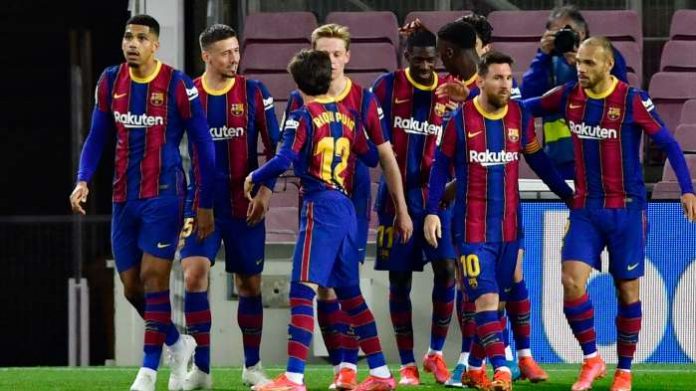 Barcelona’s French forward Ousmane Dembele (C) celebrates with teammates after scoring during the Spanish League football match between FC Barcelona and Real Valladolid FC at the Camp Nou stadium in Barcelona on April 5, 2021. (Photo by Pau BARRENA / AFP) Barcelona’s French forward Ousmane Dembele (C) celebrates with teammates after scoring during the Spanish League football match between FC Barcelona and Real Valladolid FC at the Camp Nou stadium in Barcelona on April 5, 2021. (Photo by Pau BARRENA / AFP)